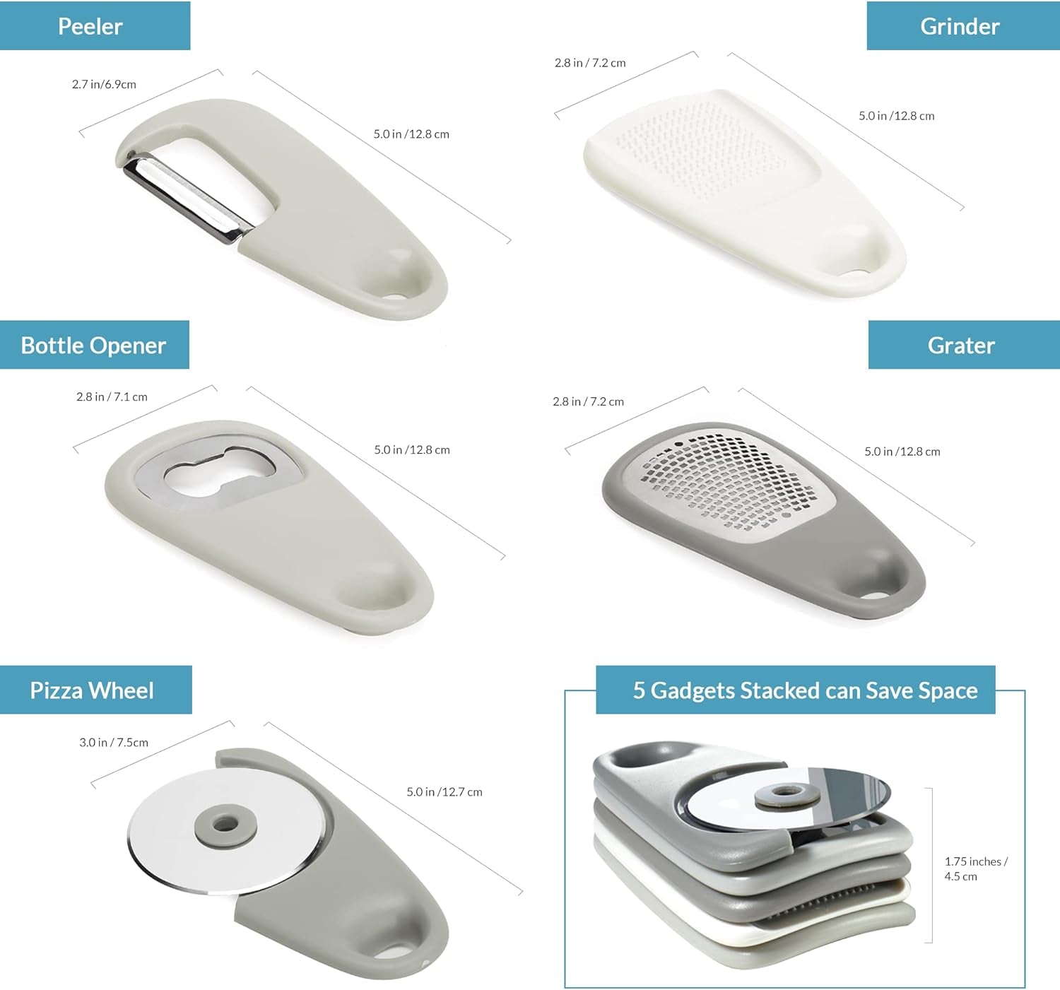 Portofino Kitchen Gadgets Set 5 Pieces, Includes Pizza Cutter, Cheese Grater, Vegetable Peeler, Bottle Opener, Garlic Grinder, RV Kitchen Accessories, Space Saving Design, Dishwasher Safe