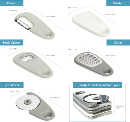 Portofino Kitchen Gadgets Set 5 Pieces, Includes Pizza Cutter, Cheese Grater, Vegetable Peeler, Bottle Opener, Garlic Grinder, RV Kitchen Accessories, Space Saving Design, Dishwasher Safe