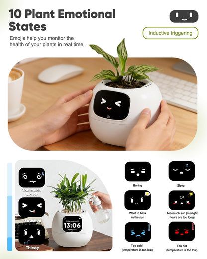 Smart Flower Pot, Smart Pet Planter Robot Guidance on Plant Care with Emoticons, Adorable Plant Companion with Alarm Clock, Living Room Desk Setup Gift