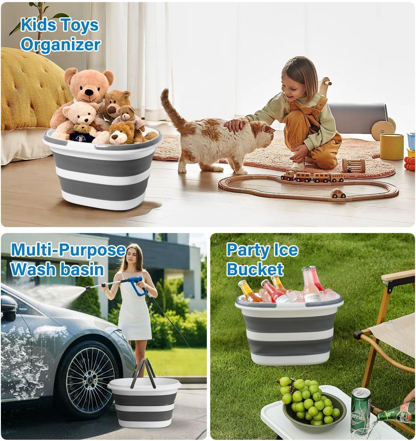 16L Collapsible Mop Bucket with Handles - Space Saving Foldable Silicone Tub for Cleaning, Laundry, Storage - Portable Wash Basin for Home & Car - 4.2 Gallon Compact Utility Bucket