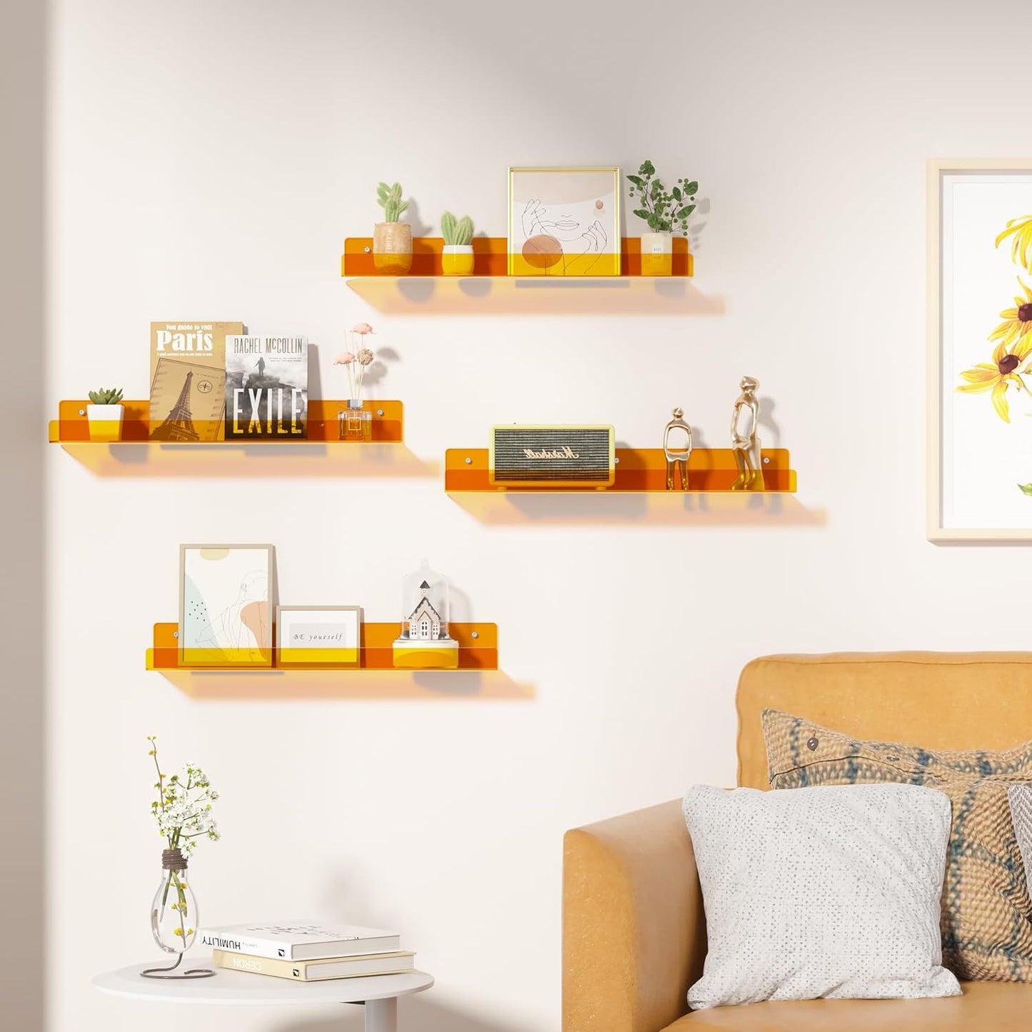 Acrylic Shelves for Wall Decor, 15" Display Shelf Perfume Organizer for Bathroom, Bedroom, Living Room, Floating Bookshelves for Kids, Clear Orange, 4 Pack