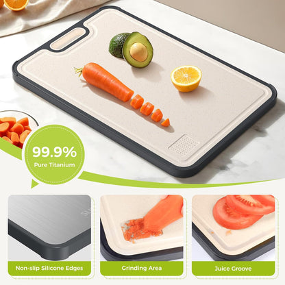 Titanium Cutting Board for Kitchen, Non Toxic 2-In-1 Cutting Board Double Sided Food Grade Pure Titanium, Knife Friendly Easy to Clean Large Size 15”×10.3”
