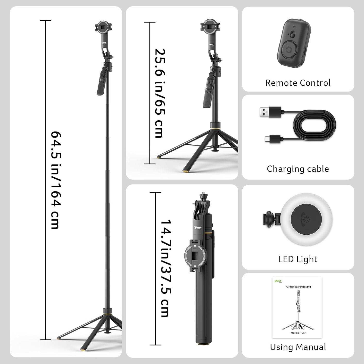 Gadget Auto Face Tracking Tripod for Iphone – Magnetic Phone Mount Gesture Control Detachable Mini Ring Light 64" 360 Degree AI Tracking Phone Tripod for Vlogging Youtube Tiktok Video Recording