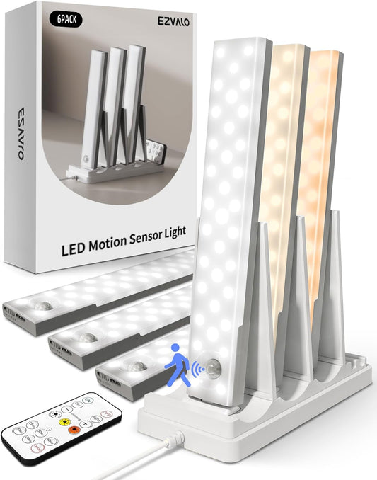 6-Pack under Cabinet Lighting with Charging Station, 2000Mah Rechargeable Wireless Motion Sensor Lights, 3 Color Temps, Dimmable, Timer, Magnetic, with Remote Control for Kitchen, Closet, Stair