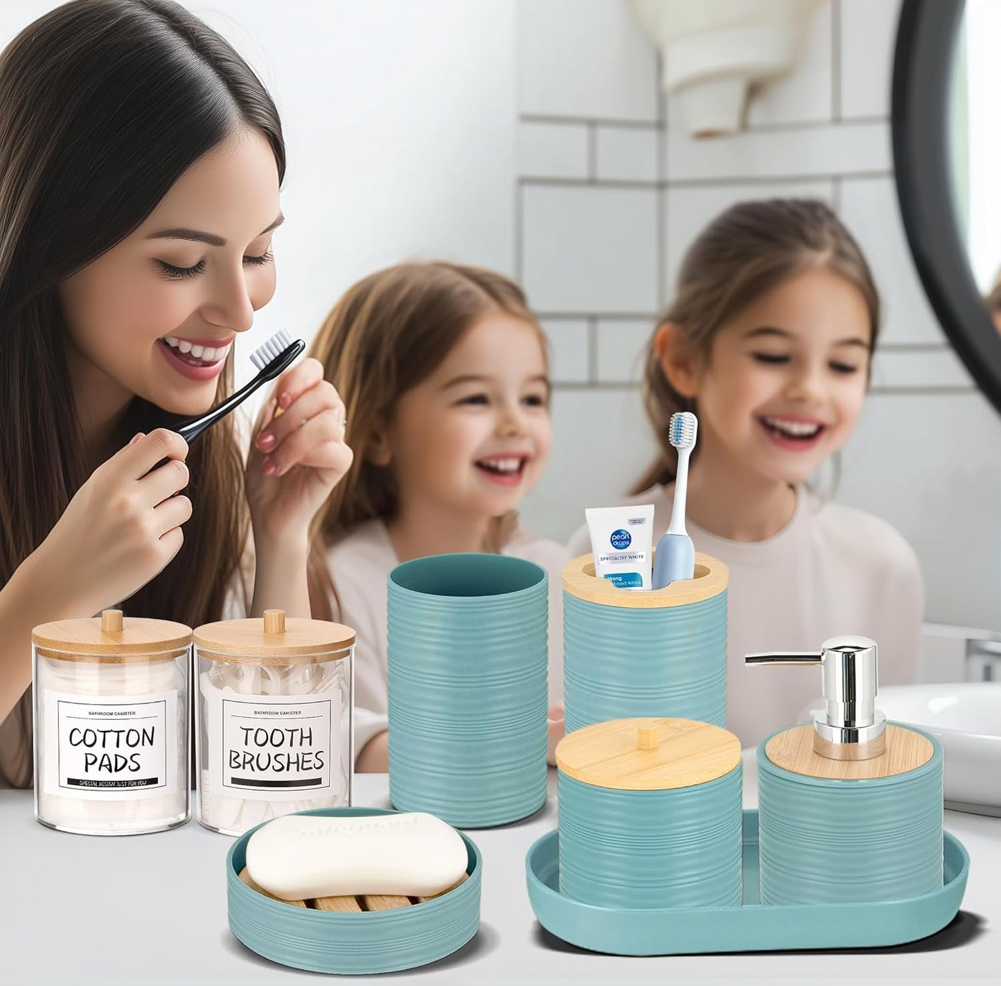 Bathroom Accessories Set 11Pcs,Complete Bathroom Organizer with Trash Can,Soap Dispenser,Toothbrush Holder,Toilet Brush & Qtip Holders,Modern Plastic Bathroom Decor for Home & Apartment (Blue)