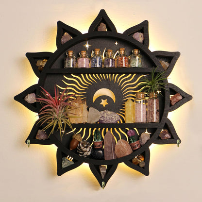 Chakra Lotus Flower Crystal Display Shelf with LED Light, Witchy Home Decor Boho Decorative Wall Mounted Trinket Shelf Wooden Sun Moon Shelf Rock Case Stone Storage Floating Hanging Holder