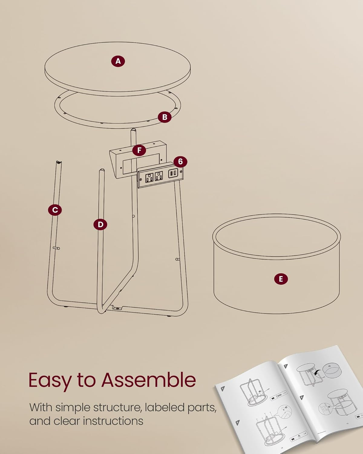 LILEA Collection - Side Table with Charging Station, round End Table with Fabric Basket, Nightstand with USB Ports, for Living Room, Bedroom, Modern, Matte White and Camel Brown ULET228W01
