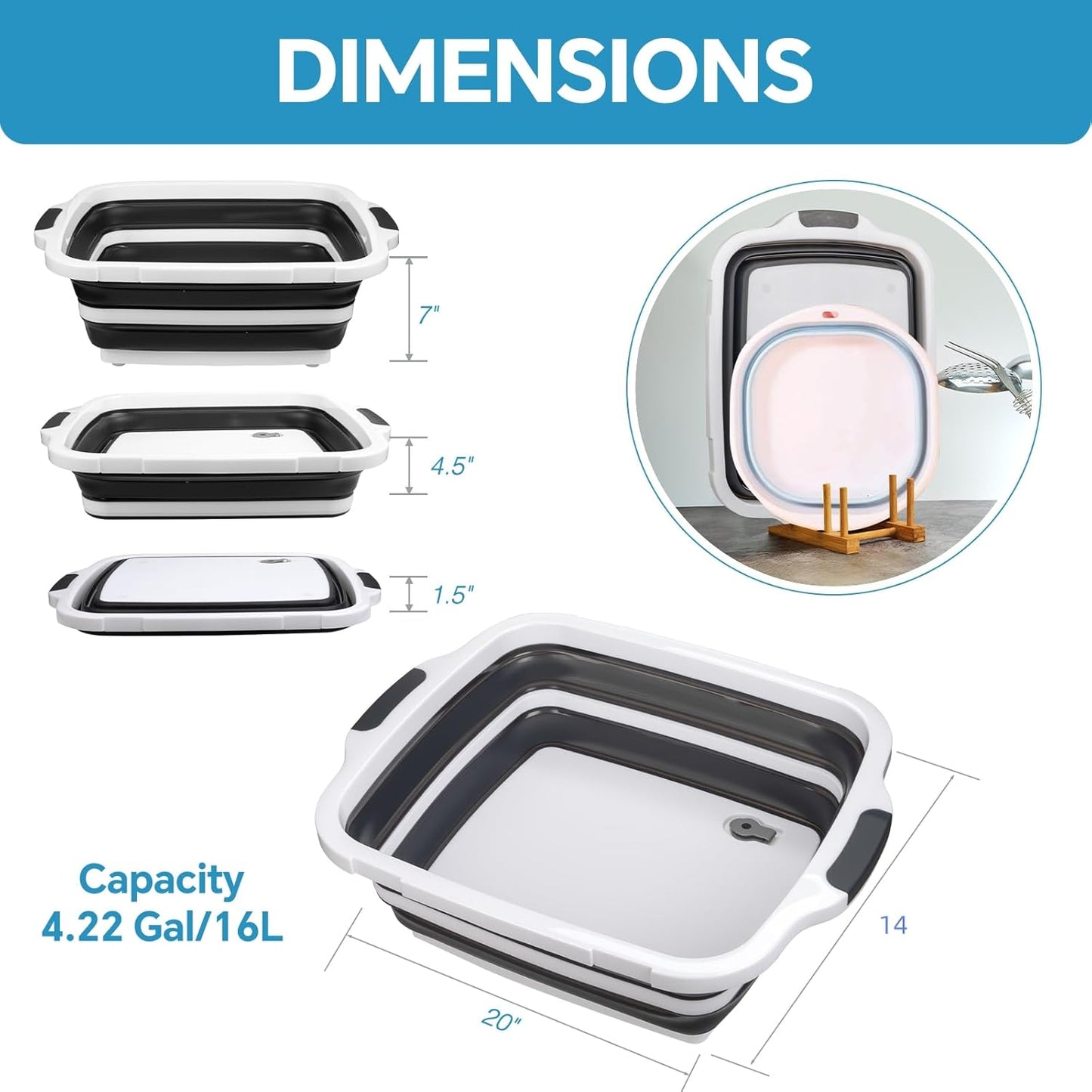 Collapsible BBQ Prep Tub for Meal Prep, Marinating,Food Storage, Picnics, Camping, Barbecues,Cutting Fruits and Vegetables - Includes Cutting Board and Locking Lid,(X-Large) Black