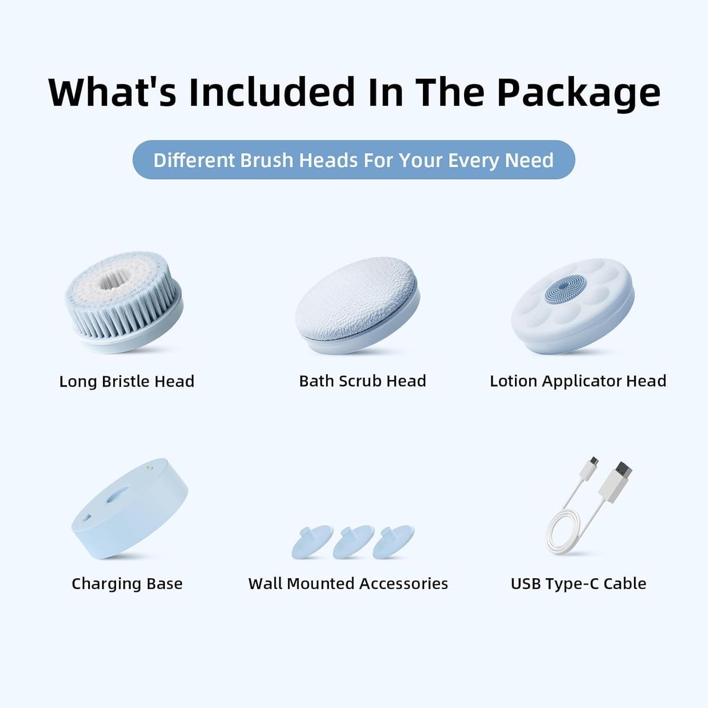 Electric Body Brush Back Scrubber for Shower, Waterproof Long Dual Handle Power Body Scrubber with 3 Heads, Bath Brush & 2 Speeds, for Cleansing, Exfoliating and Massaging Skin, Sky Blue