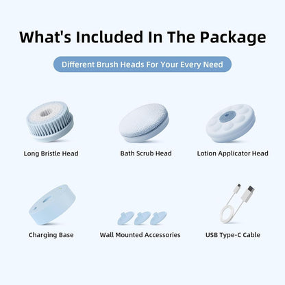 Electric Body Brush Back Scrubber for Shower, Waterproof Long Dual Handle Power Body Scrubber with 3 Heads, Bath Brush & 2 Speeds, for Cleansing, Exfoliating and Massaging Skin, Sky Blue