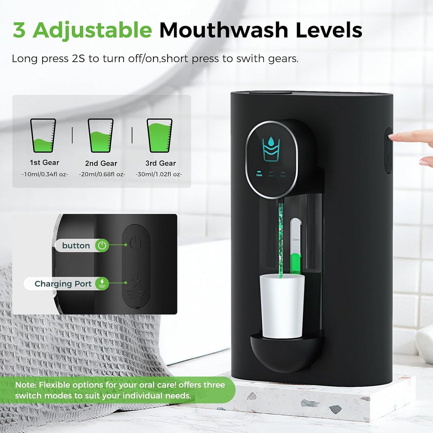 Automatic Mouthwash Dispenser 18.26 Oz Touchless Mouthwash Dispenser for Bathroom 2 Magnetic Cup USB Rechargeable and 3 Dispensing Levels with Led Screen Wall-Mounted or Countertop Use-Black