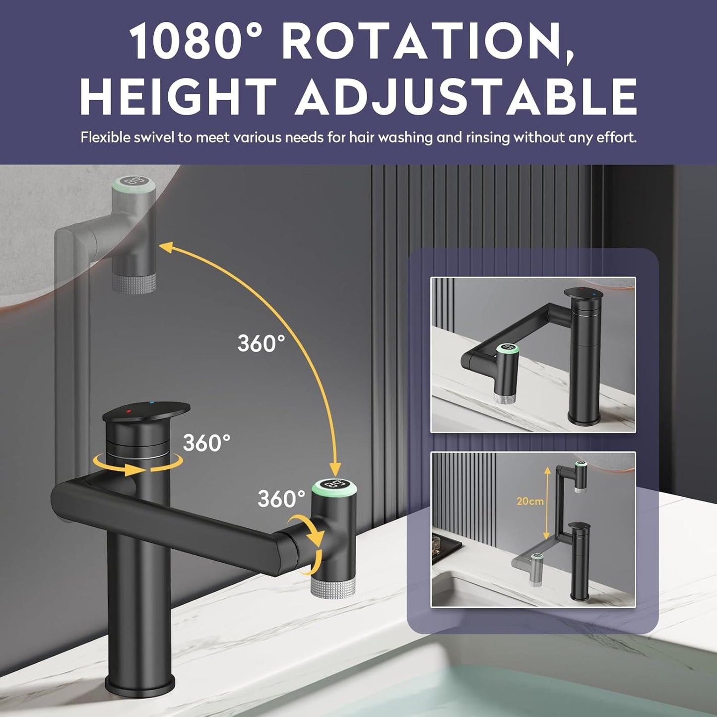 1080° Rotatable Single Hole Bathroom Vanity Faucet with Temperature Display, Height Adjustable Single Lever Bathroom Sink Faucet 1 Hole, LED Basin Faucet with Color Change (Black)