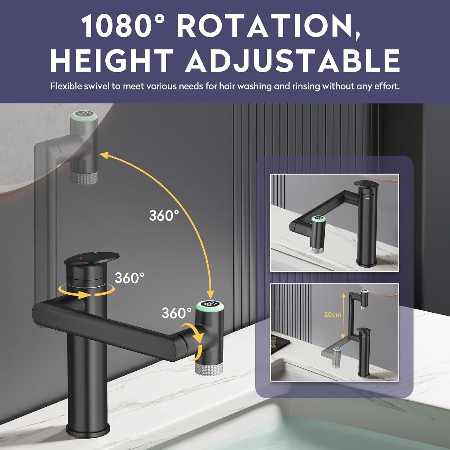 1080° Rotatable Single Hole Bathroom Vanity Faucet with Temperature Display, Height Adjustable Single Lever Bathroom Sink Faucet 1 Hole, LED Basin Faucet with Color Change (Black)