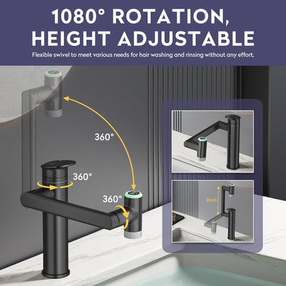 1080° Rotatable Single Hole Bathroom Vanity Faucet with Temperature Display, Height Adjustable Single Lever Bathroom Sink Faucet 1 Hole, LED Basin Faucet with Color Change (Black)