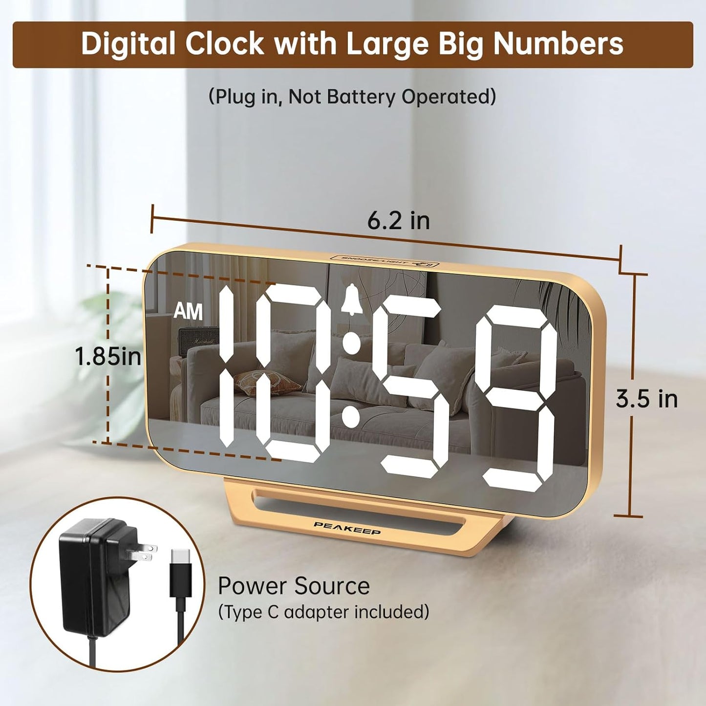 Slim Digital Mirror Aesthetic Alarm Clock for Bedrooms Desk Decor - Plug in Electric Big LED Modern Small Clock for Office Living Room, Battery Backup, 6 Dimmers (Gold)