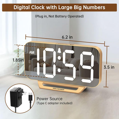 Slim Digital Mirror Aesthetic Alarm Clock for Bedrooms Desk Decor - Plug in Electric Big LED Modern Small Clock for Office Living Room, Battery Backup, 6 Dimmers (Gold)