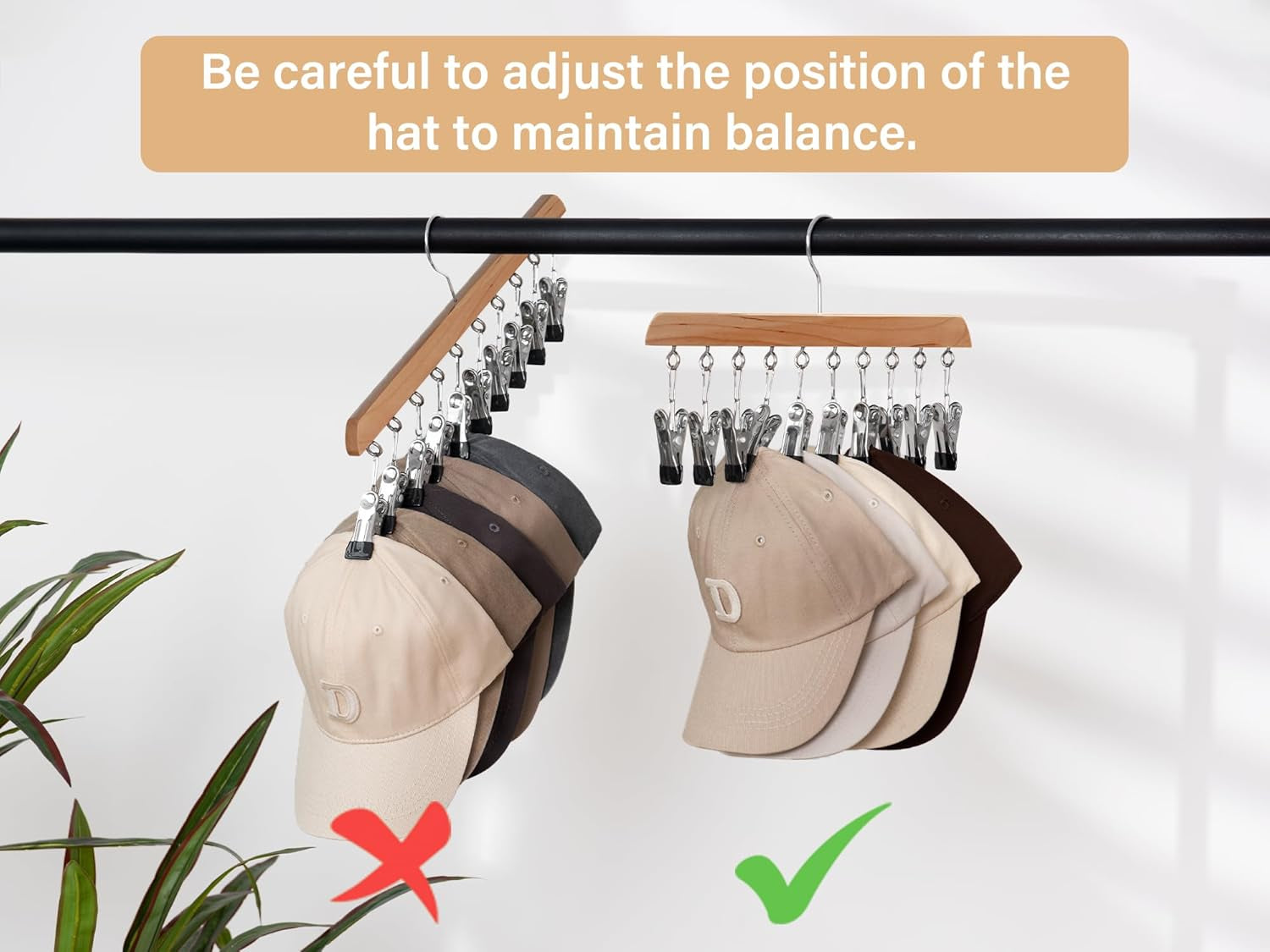 Hat Rack, Closet Organizer and Storage for Baseball Caps,Set of 2 with 10 Adjustable Stainless Steel Clips, Fits All Caps, Natural Wood Color