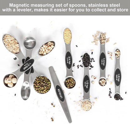 Magnetic Measuring Spoons Set Stainless Steel with Leveler-9Pcs Stackable Metal Tablespoon Measure Spoon for Baking-Measuring Cups and Spoon Set Kitchen Gadgets Apartment Essentials Fits in Spice Jars