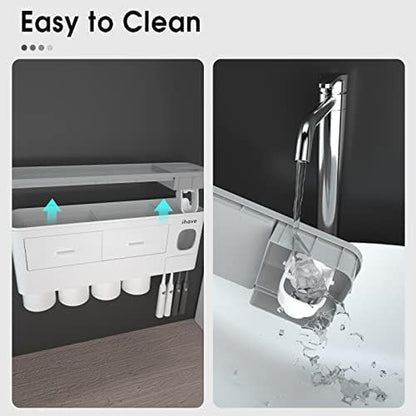 Toothbrush Holders for Bathrooms, 4 Cups Toothbrush Holder Wall Mounted with Toothpaste Dispenser - Large Capacity Tray, 2 Cosmetic Drawer - Bathroom Organizer & Bathroom Accessories Set