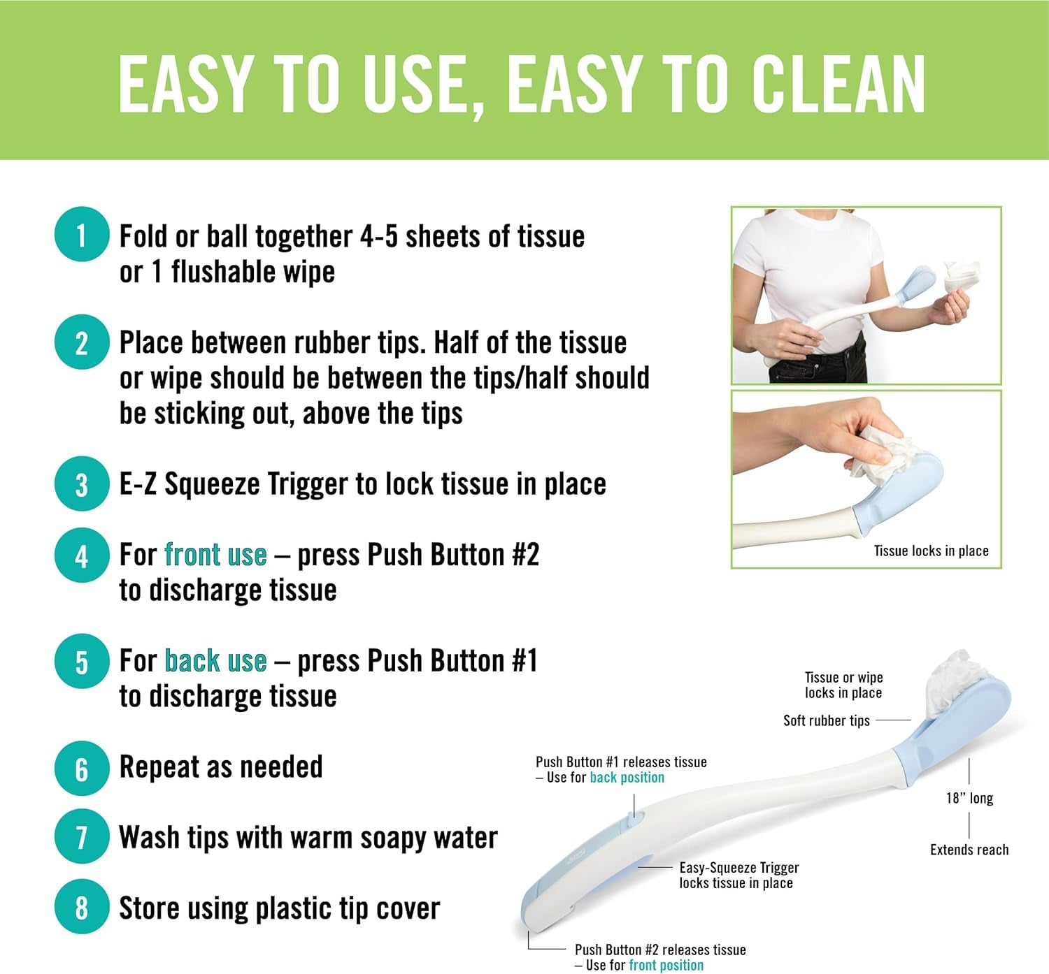 Toilet Aid - Personal Bottom Wiping Tool, Bathroom Mobility Aid for Disabled, Elderly, and Surgery Recovery - 18" Long Wand with Hygienic Cover