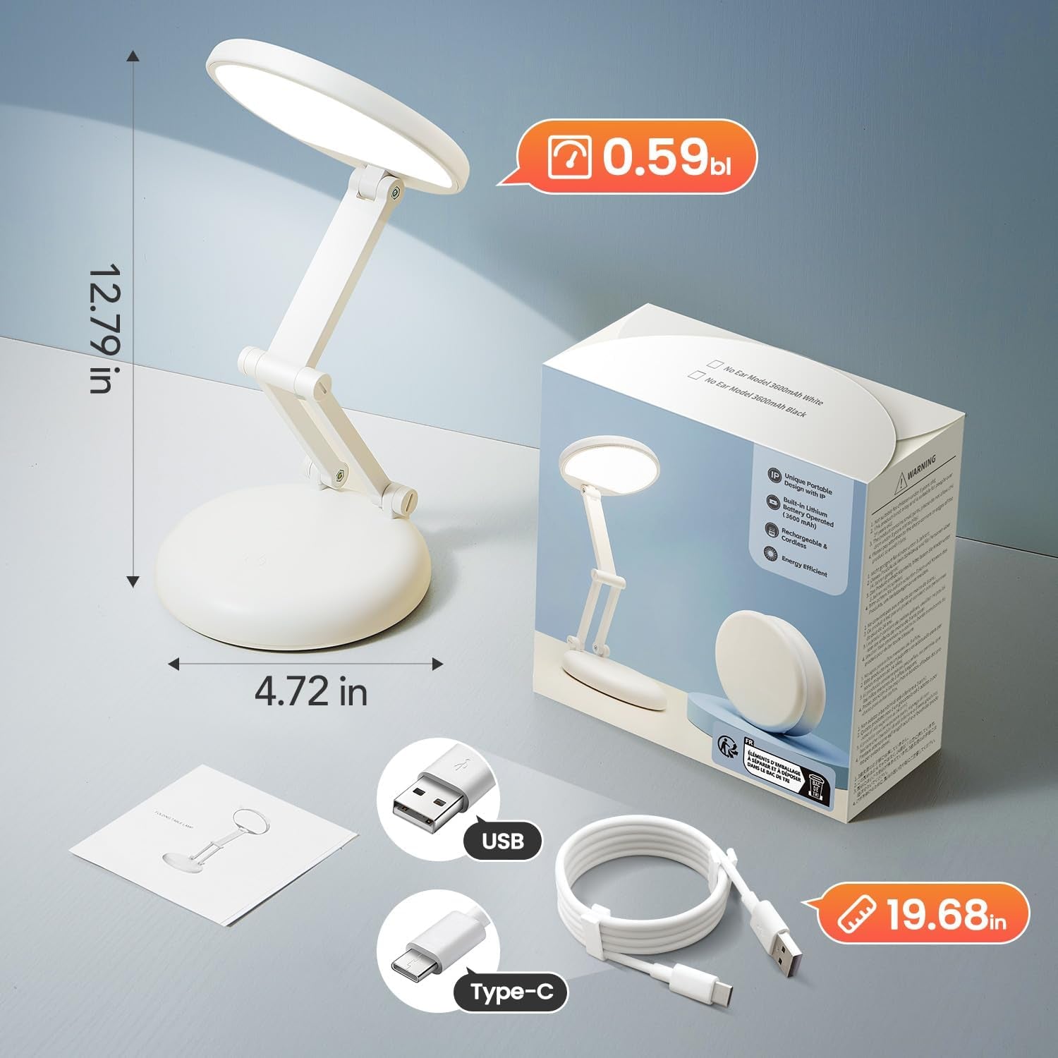 Cordless Desk Lamp,Dimmable Small Battery Powered Lights,3600Mah Rechargeable Wireless Table Lamp,Mini Lamp&Portable Light for Bed,Book Reading,Home for Small Spaces,Nail Light,Craft,Office