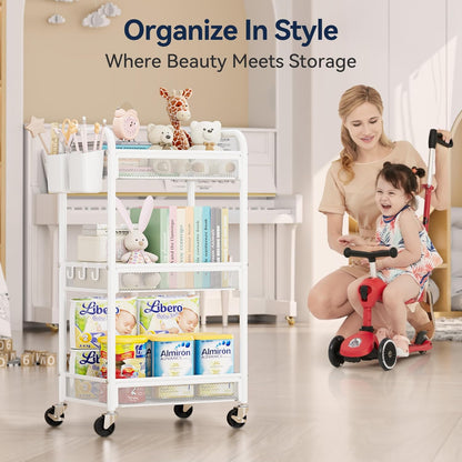 3 Tier Rolling Cart – Metal Utility Storage Carts with Wheels, Craft Carts Organizer with Hanging Cups, Hooks, Mesh Basket for Bedside Kitchen Office Art, White