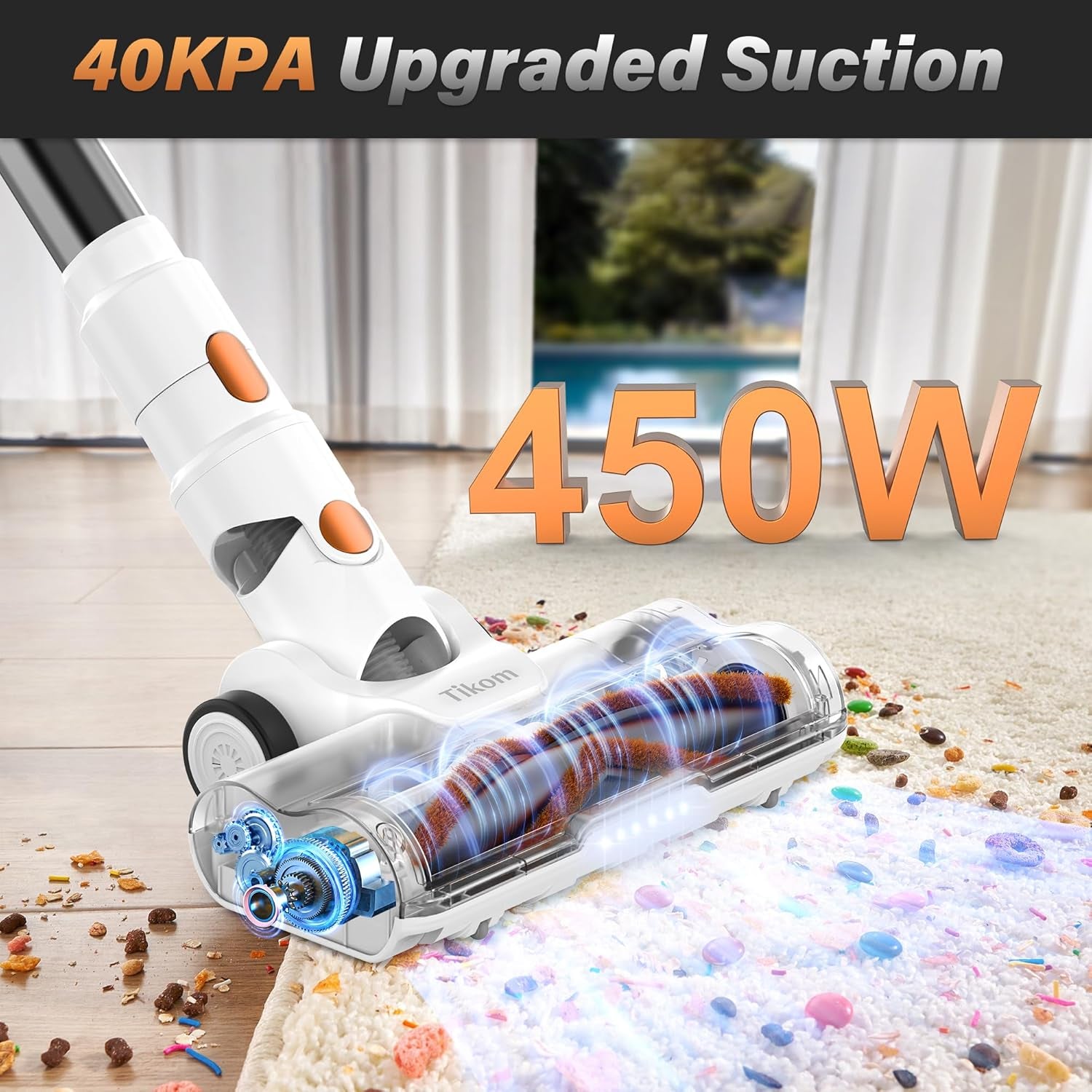 V500 Cordless Vacuum Cleaner for Home, 40000Pa/450W Stick Vacuum with LED Touch Screen, Charging Wall Dock, Anti-Tangle, Lightweight Handheld Vacuum for Pet Hair, Hard Floor, Carpet