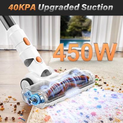 V500 Cordless Vacuum Cleaner for Home, 40000Pa/450W Stick Vacuum with LED Touch Screen, Charging Wall Dock, Anti-Tangle, Lightweight Handheld Vacuum for Pet Hair, Hard Floor, Carpet
