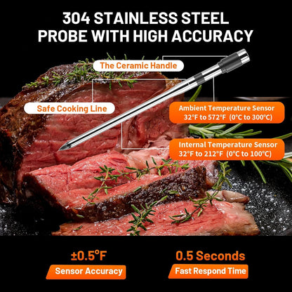 Wireless Meat Thermometer with Smart Timer & APP Control, 800Ft Bluetooth Grill Food Thermometer - 0.19In-Ultra Thin Probe, ±0.5℉ Accuracy, Digital Backlit Screen for BBQ, Oven, Smoker, Kitchen
