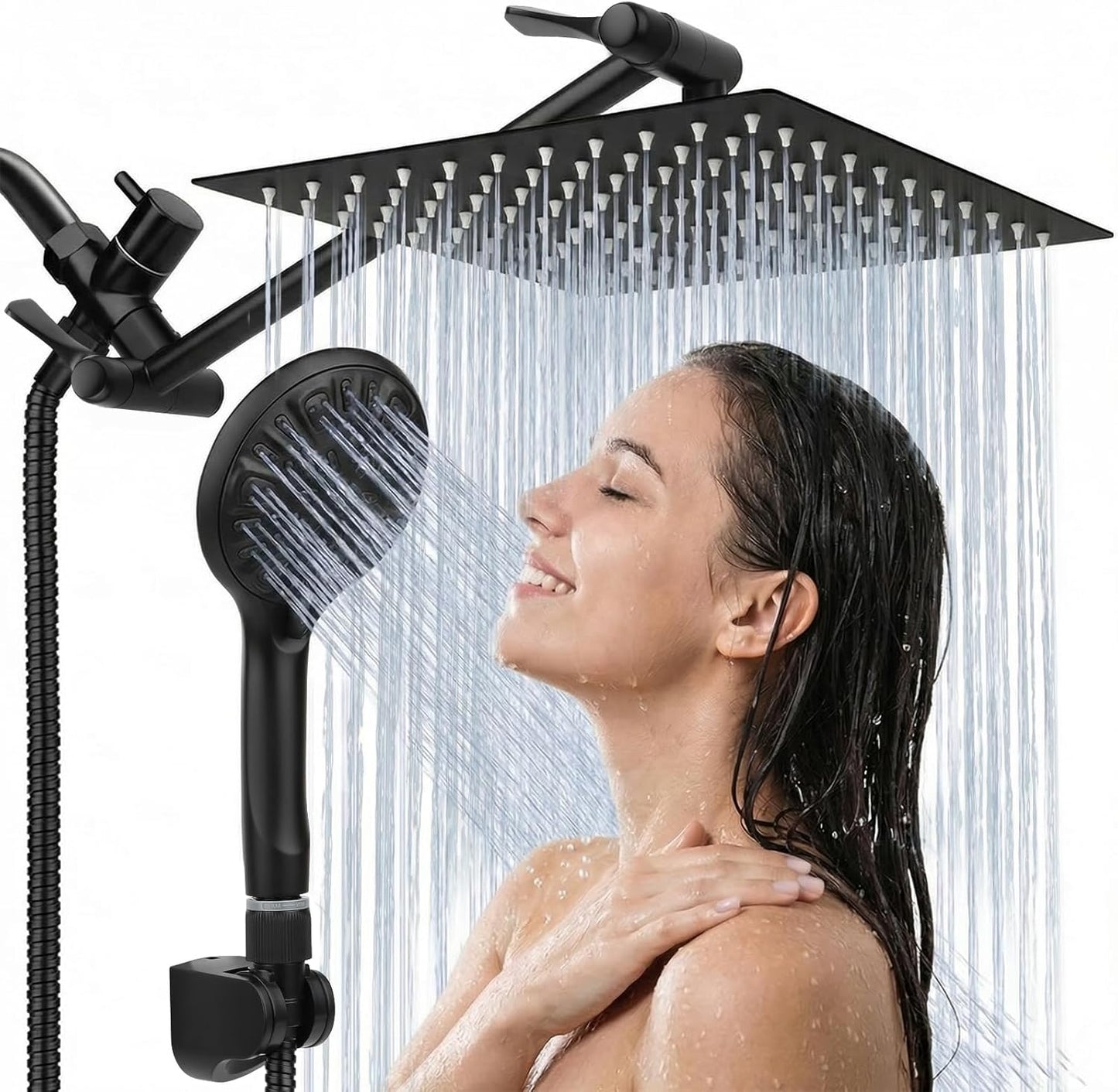 Shower Head, 12‘’ High Pressure Rainfall/Handheld Shower Combo with 11'' Extension Arm, 9 Settings, Anti-Leak Shower Head with Holder, Height/Angle Adjustable, Matte Black