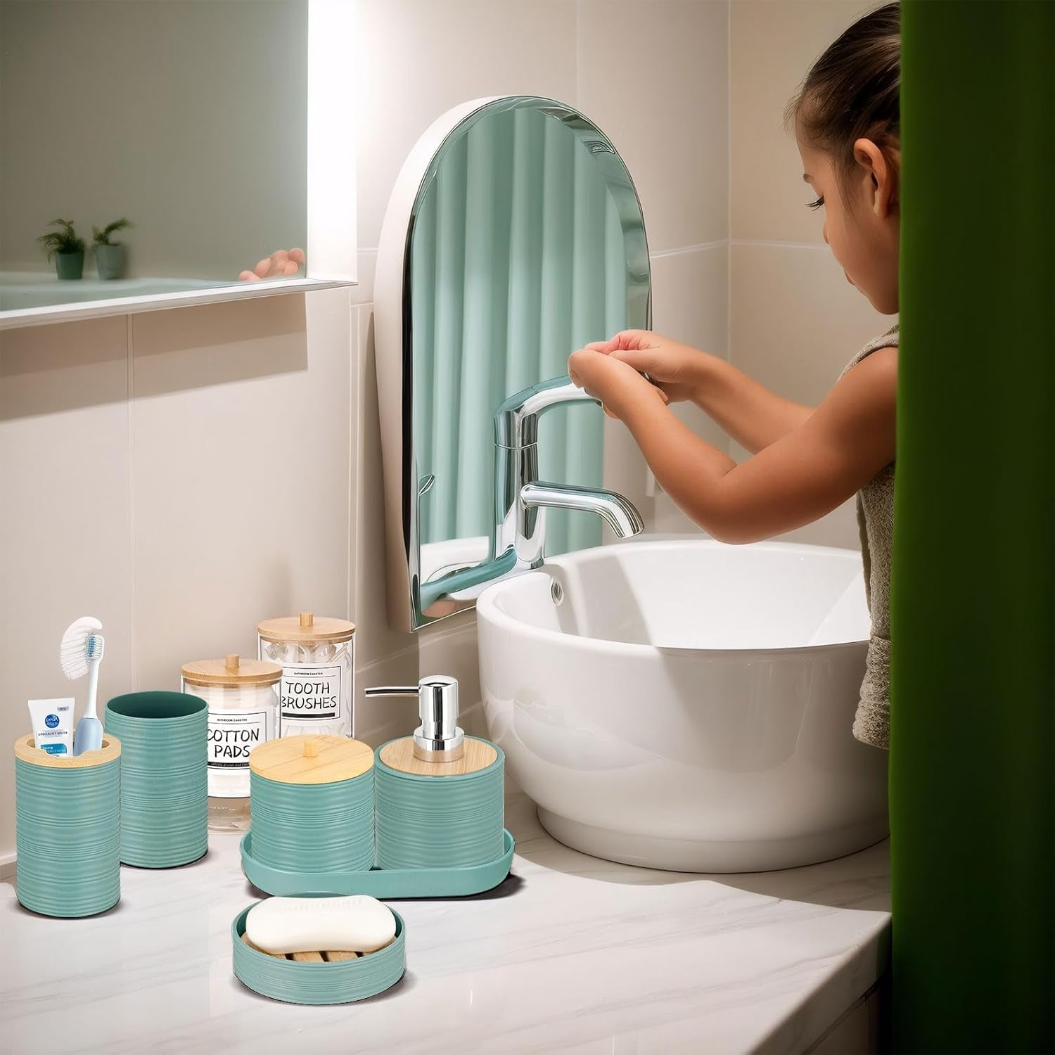 Bathroom Accessories Set 11Pcs,Complete Bathroom Organizer with Trash Can,Soap Dispenser,Toothbrush Holder,Toilet Brush & Qtip Holders,Modern Plastic Bathroom Decor for Home & Apartment (Blue)