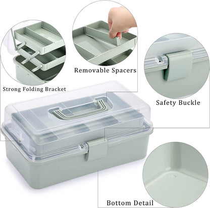 3-Layer Plastic Dividing Storage Box Craft Organizer and Storage with Adjustable Spacers Portable Handled Art Supply Organizer Multipurpose Home Utility Box for Medicine Sewing(Haze Green)