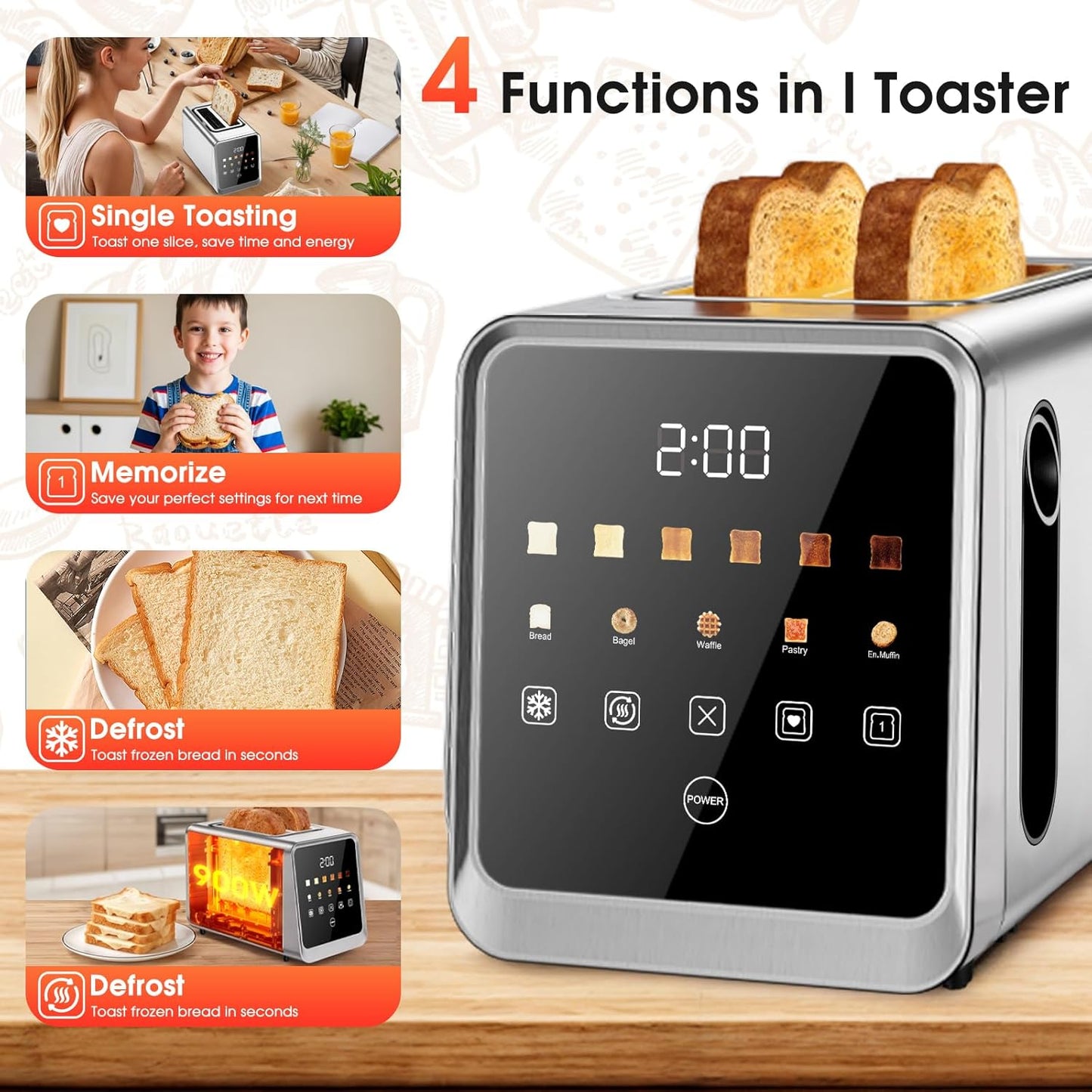 Toaster 2 Slice with Touchscreen, 1.5" Wide Slots & Memory Recall | 900W Stainless Steel Smart Digital Toasters | 6 Shade Settings for Bagels & Thick Bread | Defrost Reheat Single-Slice Mode