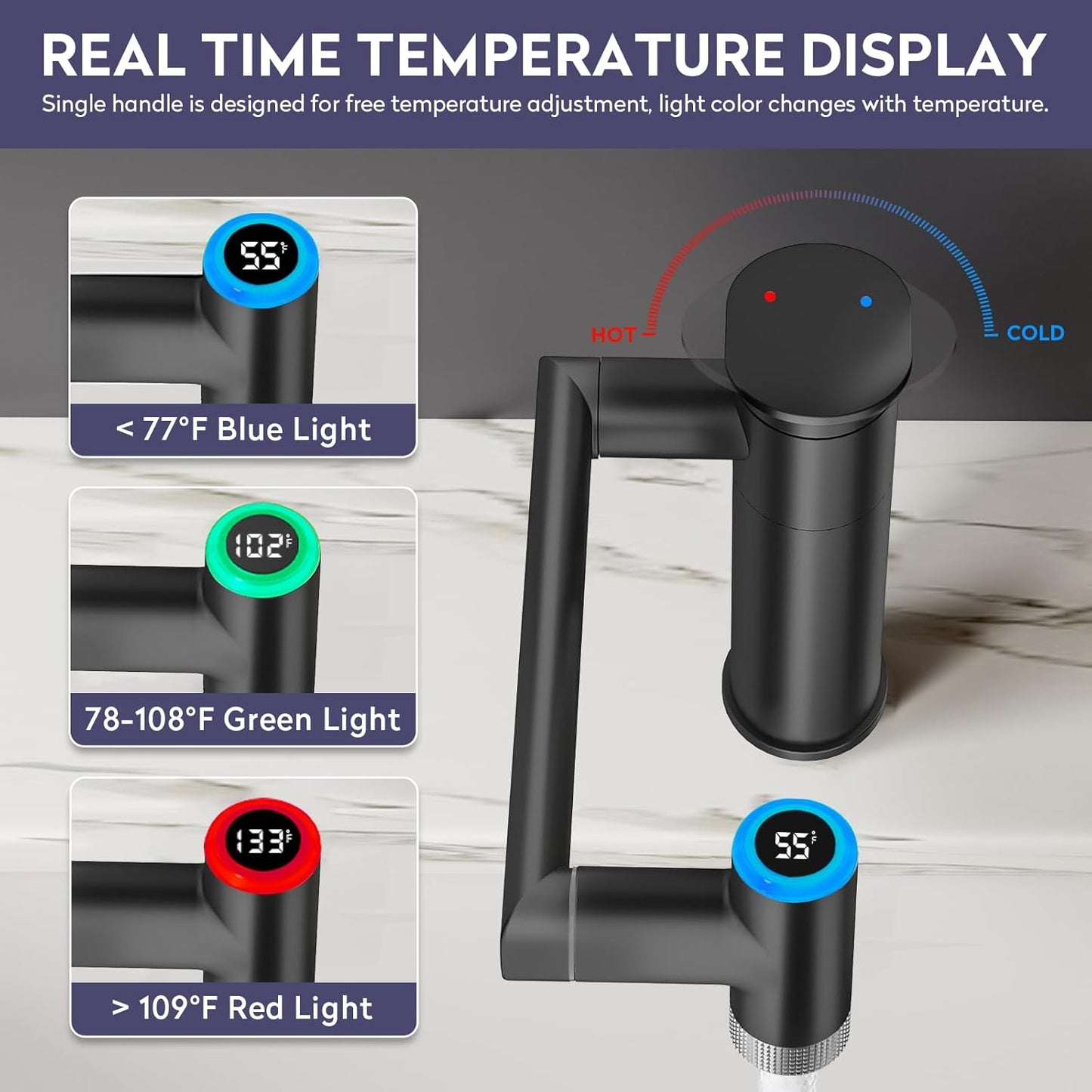 1080° Rotatable Single Hole Bathroom Vanity Faucet with Temperature Display, Height Adjustable Single Lever Bathroom Sink Faucet 1 Hole, LED Basin Faucet with Color Change (Black)