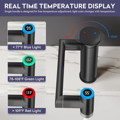1080° Rotatable Single Hole Bathroom Vanity Faucet with Temperature Display, Height Adjustable Single Lever Bathroom Sink Faucet 1 Hole, LED Basin Faucet with Color Change (Black)