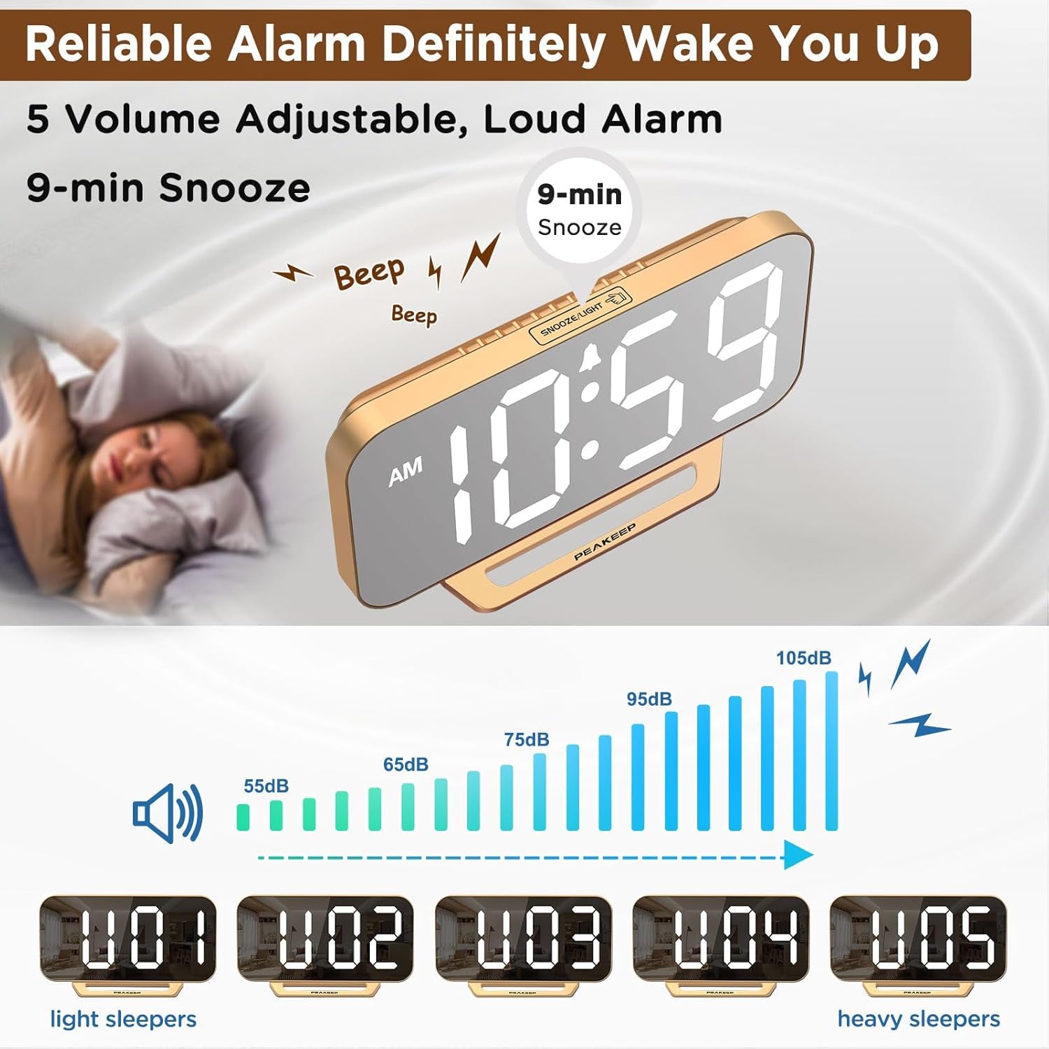 Slim Digital Mirror Aesthetic Alarm Clock for Bedrooms Desk Decor - Plug in Electric Big LED Modern Small Clock for Office Living Room, Battery Backup, 6 Dimmers (Gold)