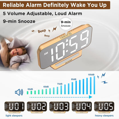 Slim Digital Mirror Aesthetic Alarm Clock for Bedrooms Desk Decor - Plug in Electric Big LED Modern Small Clock for Office Living Room, Battery Backup, 6 Dimmers (Gold)