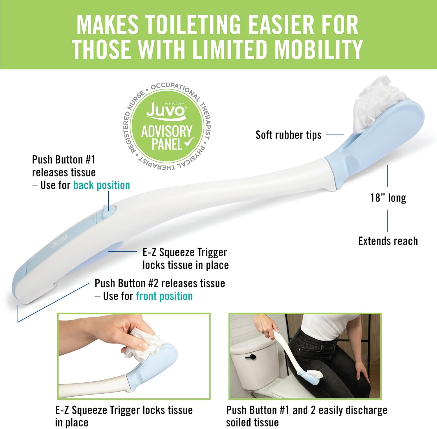 Toilet Aid - Personal Bottom Wiping Tool, Bathroom Mobility Aid for Disabled, Elderly, and Surgery Recovery - 18" Long Wand with Hygienic Cover