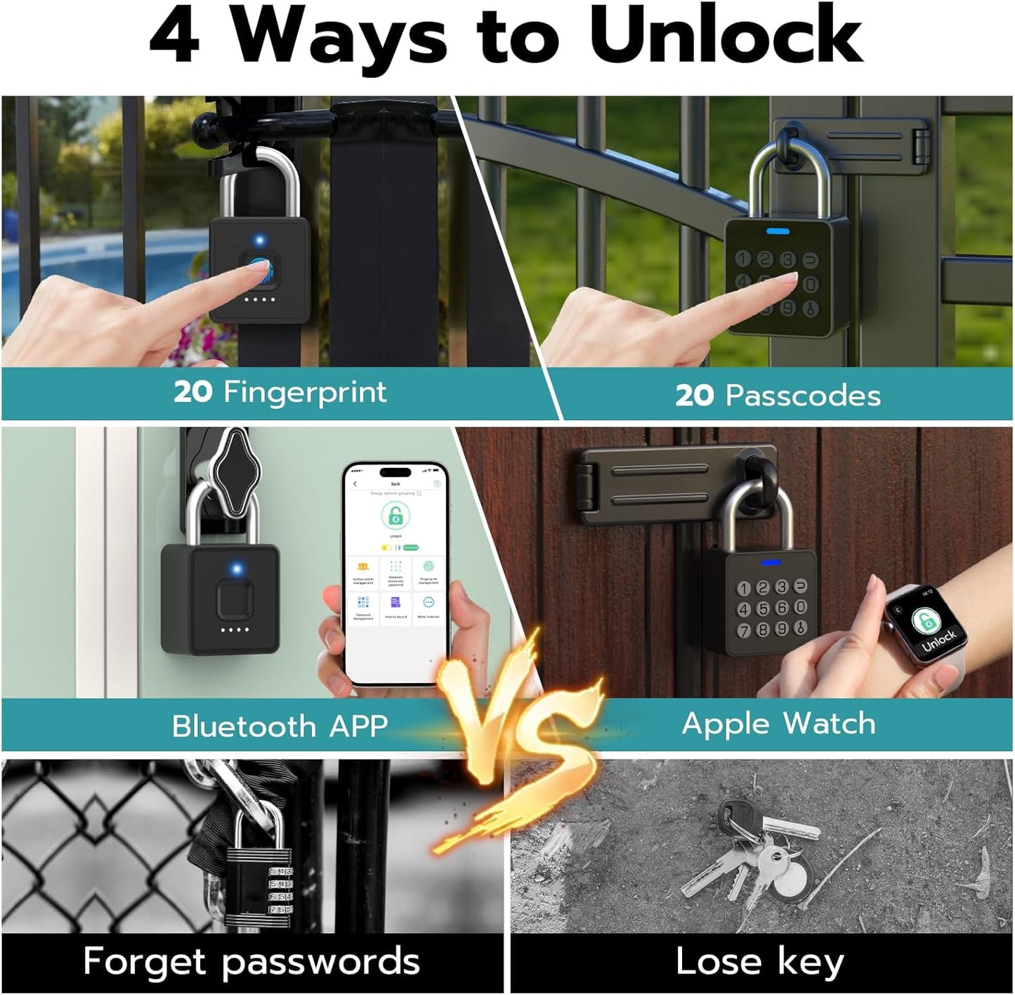 Smart Lock Combination Padlock, Fingerprint Gate Lock with Codepad, Biometric Keyless Combo Lock with Bluetooth APP, Waterproof for Storage Unit Outdoor Fence Gate Shed Gym Locker