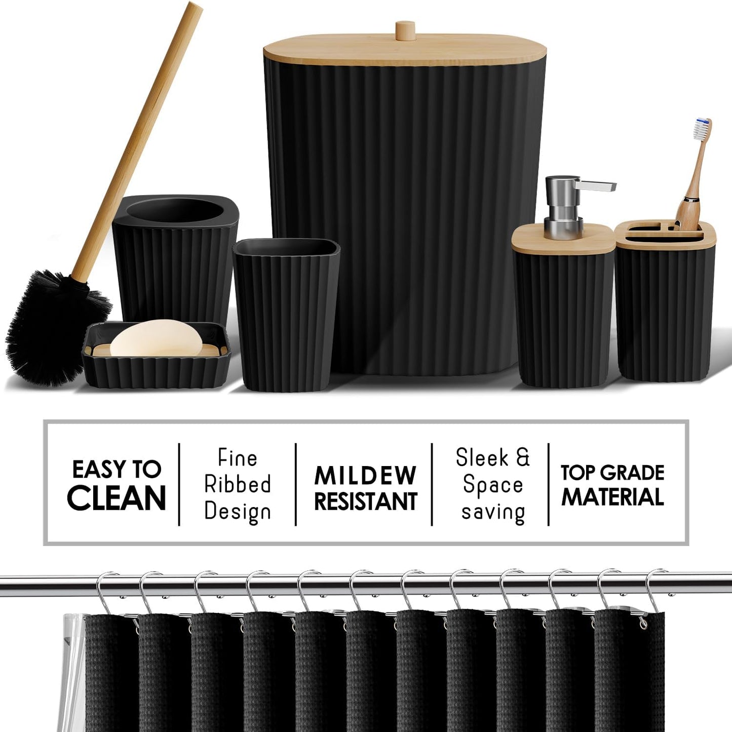 Bathroom Accessories Set - Bathroom Set, Bathroom Accessory Set, Shower Curtain Set, Toilet Brush, Trash Can & Soap Dispenser - Black - 20PC