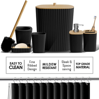 Bathroom Accessories Set - Bathroom Set, Bathroom Accessory Set, Shower Curtain Set, Toilet Brush, Trash Can & Soap Dispenser - Black - 20PC