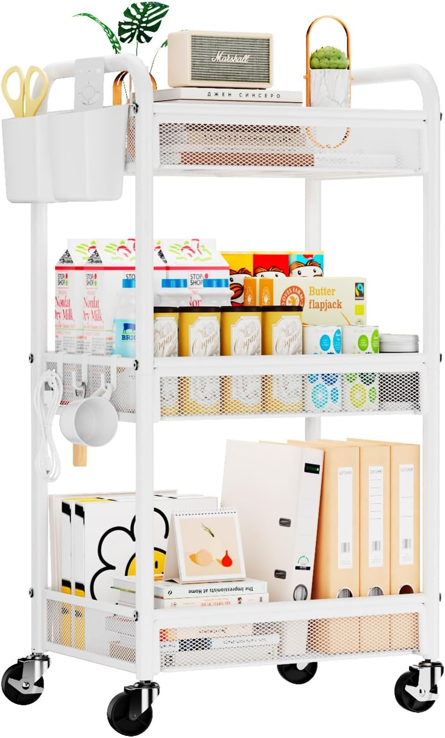 3 Tier Rolling Cart – Metal Utility Storage Carts with Wheels, Craft Carts Organizer with Hanging Cups, Hooks, Mesh Basket for Bedside Kitchen Office Art, White
