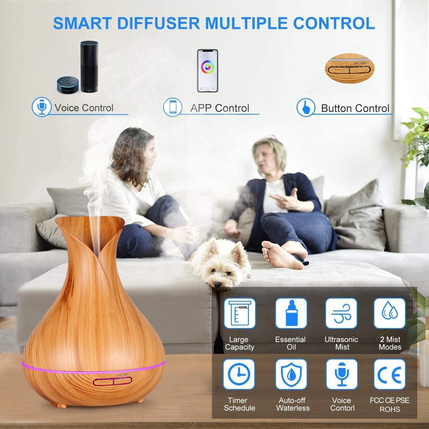 Smart Wifi Wireless Essential Oil Aromatherapy Diffuser, Compatible with Alexa & Google Home, Phone App & Voice Control, Large Ultrasonic Diffuser, LED & Timer Settings