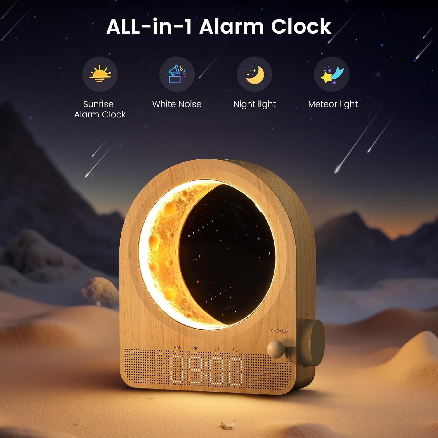 Sunrise Alarm Clock, White Noise Machine & Meteor Moonlight - 10 Soothing Sounds, Dual Alarms, 30/60/90Min Timer, Easy Snooze - Bedroom Gift for Insomnia Adults/Women - Wood Grain