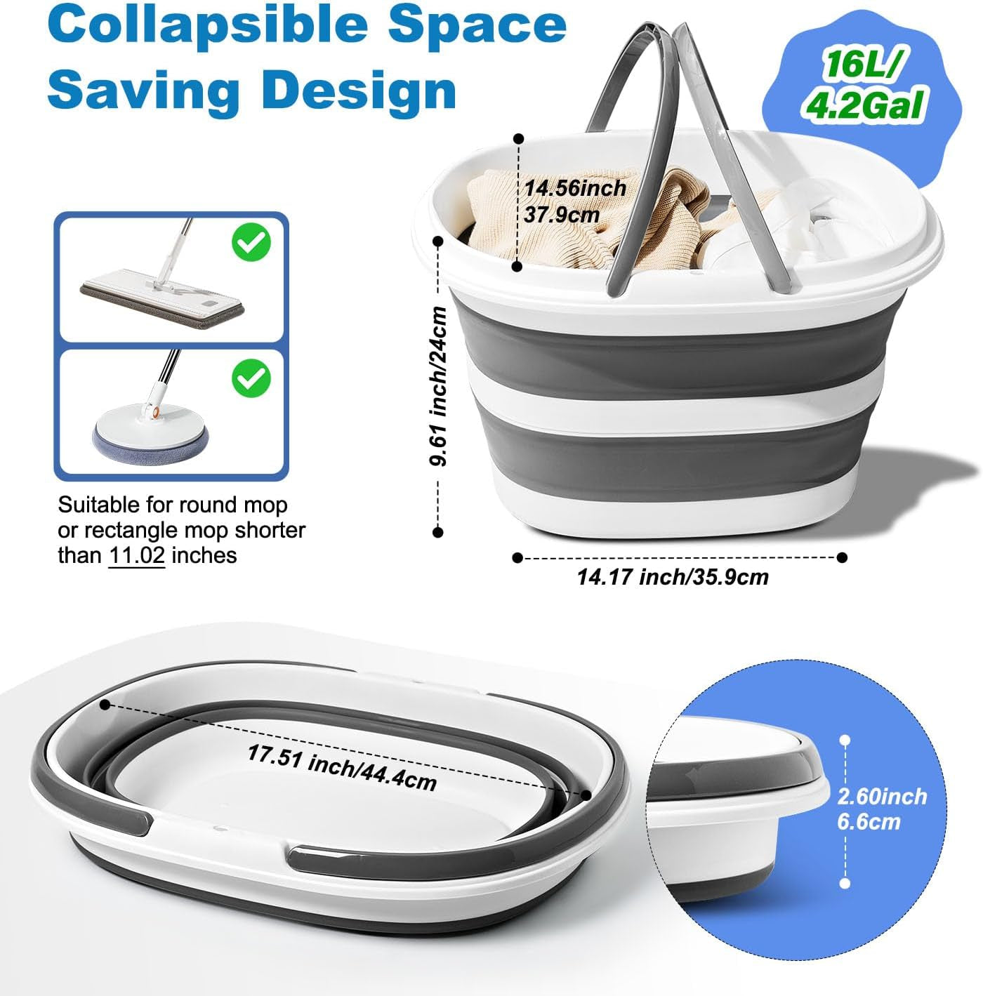 16L Collapsible Mop Bucket with Handles - Space Saving Foldable Silicone Tub for Cleaning, Laundry, Storage - Portable Wash Basin for Home & Car - 4.2 Gallon Compact Utility Bucket