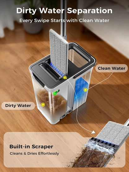 Mop and Bucket Set | Auto-Spray Cleaning | Dirty Water Separation Keep Water Fresh | Flat Mop & Bucket with Scraper | 3X Washable Pads | Mops for Floor Cleaning Valentine'S Day Gift