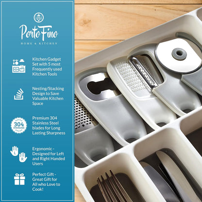 Portofino Kitchen Gadgets Set 5 Pieces, Includes Pizza Cutter, Cheese Grater, Vegetable Peeler, Bottle Opener, Garlic Grinder, RV Kitchen Accessories, Space Saving Design, Dishwasher Safe