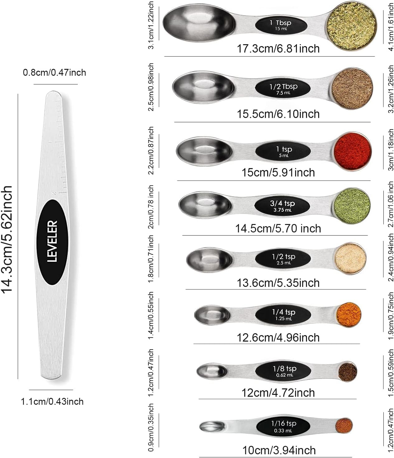 Magnetic Measuring Spoons Set Stainless Steel with Leveler-9Pcs Stackable Metal Tablespoon Measure Spoon for Baking-Measuring Cups and Spoon Set Kitchen Gadgets Apartment Essentials Fits in Spice Jars
