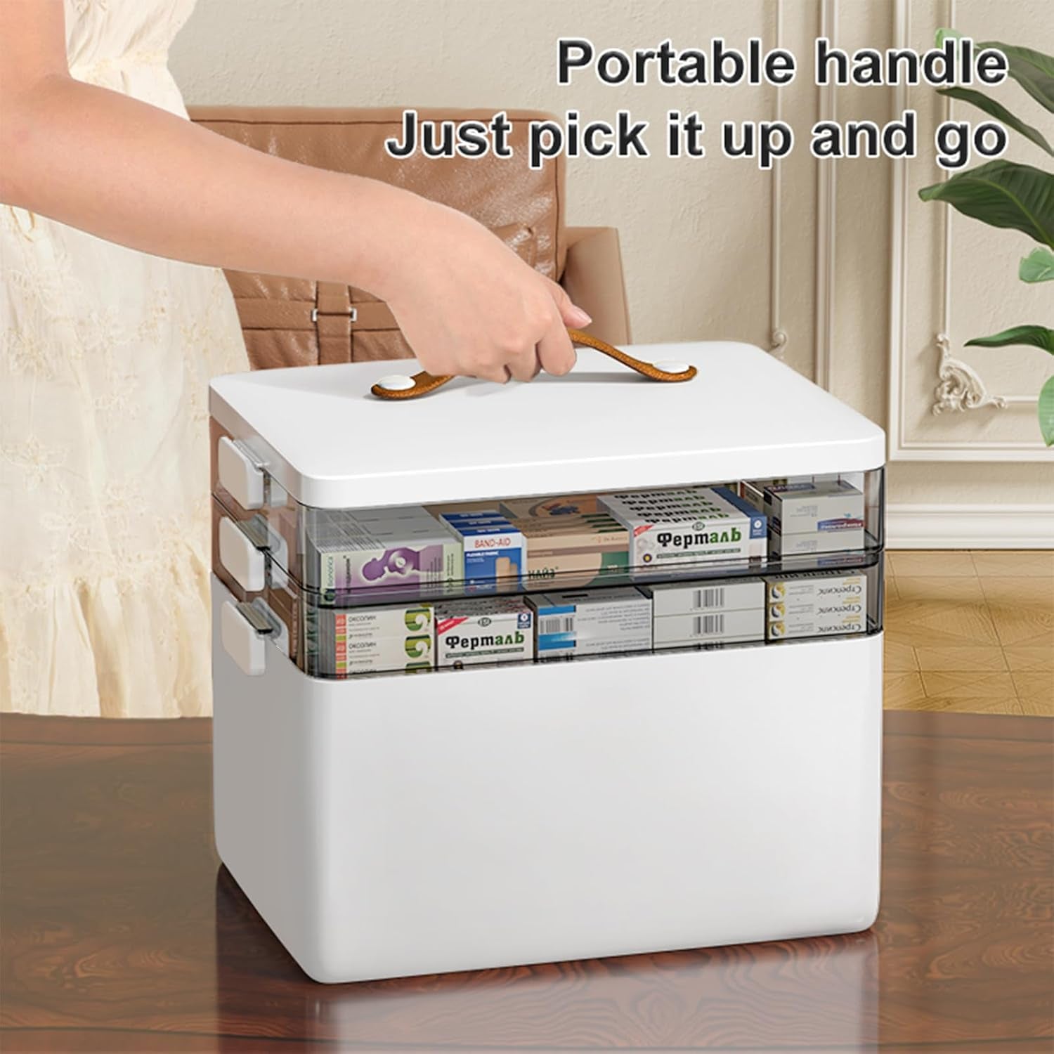 3-Tier Medicine Organizer - Portable Medicine Cabinet with Leather Handle, Empty First Aid Kit for Home