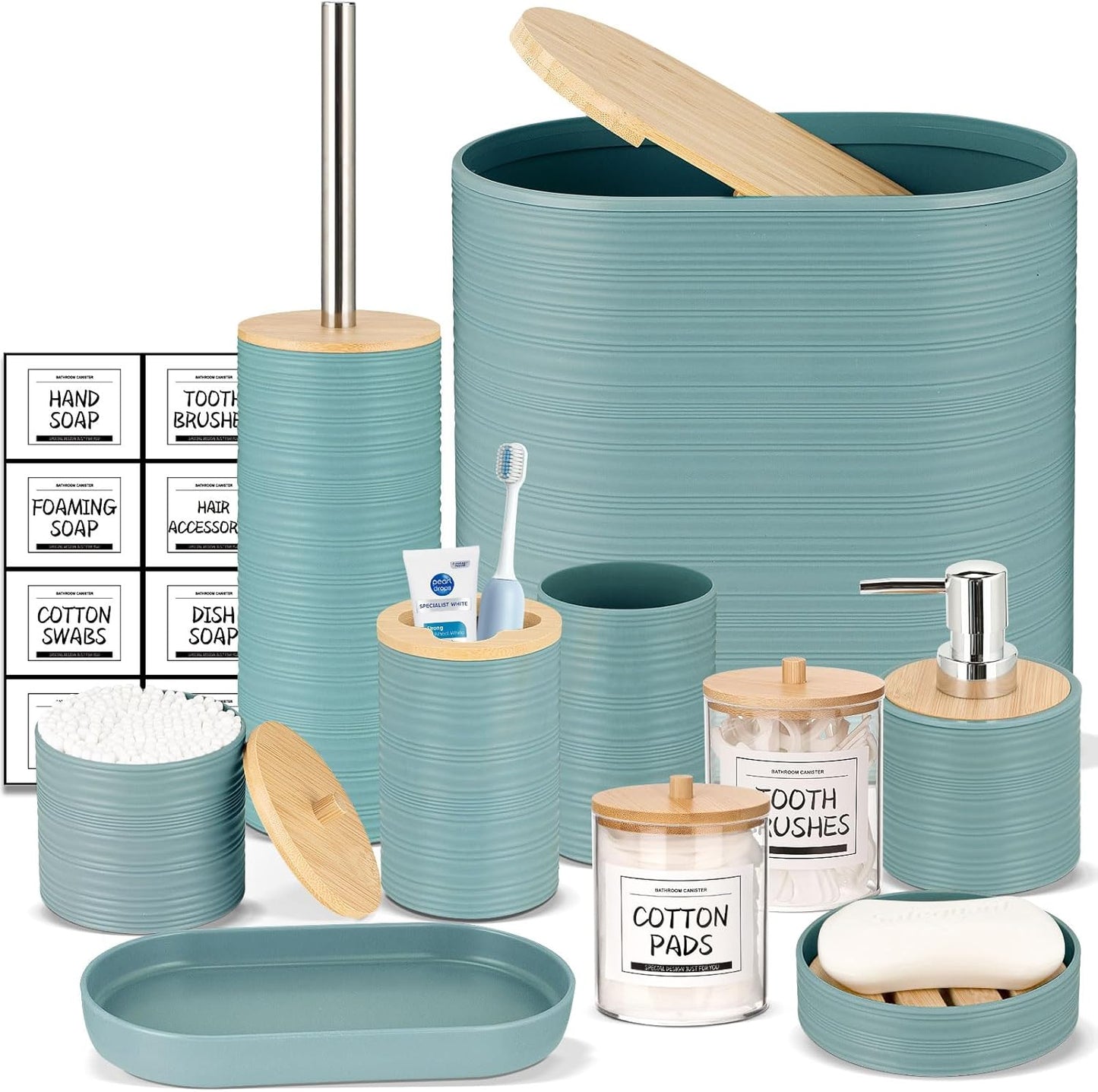 Bathroom Accessories Set 11Pcs,Complete Bathroom Organizer with Trash Can,Soap Dispenser,Toothbrush Holder,Toilet Brush & Qtip Holders,Modern Plastic Bathroom Decor for Home & Apartment (Blue)